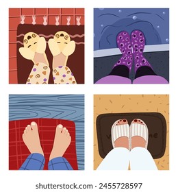 Selfie de piernas de blogger de viajes. Pies en diferentes lugares como hogar, playa, calle, coworking, café, baño. Vista superior. Ilustración vectorial EPS10