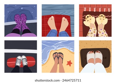 Travel blogger legs selfie. Feet in different places like home, beach, street, coworking, cafe, bathroom. Top view. Vector illustration EPS10