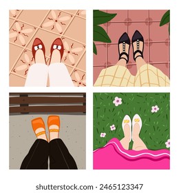 Travel blogger legs selfie. Feet in different places like home, beach, street, coworking, cafe, bathroom. Top view. Vector illustration EPS10