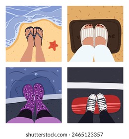 Travel blogger legs selfie. Feet in different places like home, beach, street, coworking, cafe, bathroom. Top view. Vector illustration EPS10