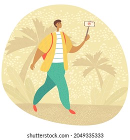 Travel blogger on a trip. Vector illustration in cartoon style