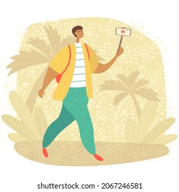 Travel blogger recording video on camera. Vlogger speaking to phone camera for his lifestyle vlog. Influencer makes content for his social media. Vector colored illustration in cartoon style