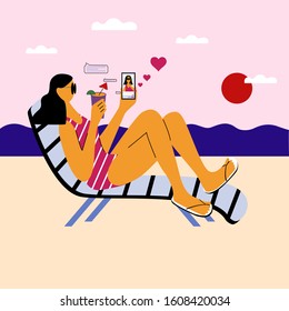 Travel blogger relaxing on a beach near the sea. Young woman drinking a cocktail and sharing live content with followers in the internet.  Flat vector illustration.