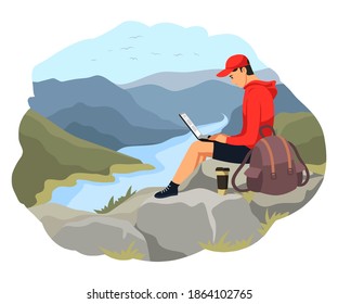 Travel blogger sitting and typing on top of mountain. Young man traveling, blogging, writing on laptop. Creative online work vector. View on lake or river, hills, sky with birds.