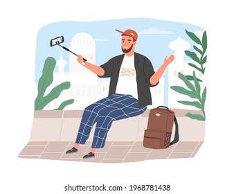 Travel blogger speaking to phone camera on selfie stick for his lifestyle vlog. Vlogger recording video for social media. Colored flat vector illustration of influencer isolated on white background