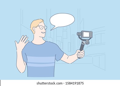 Travel blogger, vlogging or live streaming concept. Young vlogger, influencer shooting video in city streets. Male tourist recording video blog, commenting, describing sights. Simple flat vector