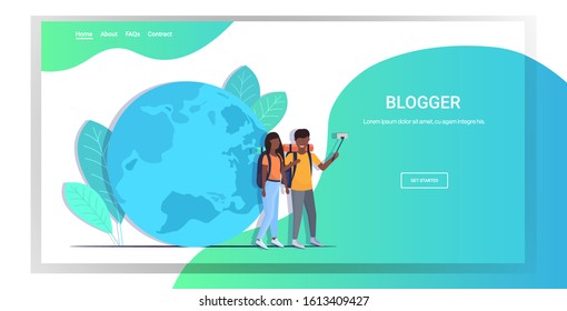 travel bloggers using selfie stick taking photo on smartphone camera african american couple with backpacks hiking blogging live streaming concept world map background full length horizontal vector