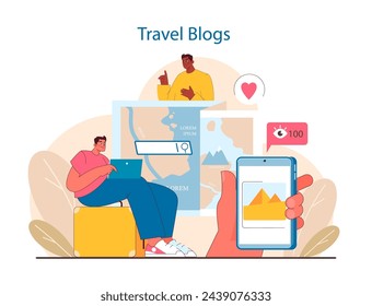 Travel Blogging concept. Sharing journey experiences online. Engaging tales of exploration and discovery via social platforms. Navigating the globe through digital narrative. Flat vector illustration.