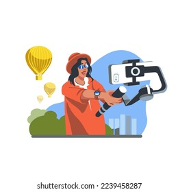 Travel blogging. Girl in panama and glasses takes selfie and record live content. Character with smartphone on city background in flat style. Vector illustration 