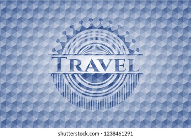 Travel blue badge with geometric pattern background.