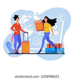 Travel blue concept with people scene in the flat cartoon style. Two friends decide in which country they will spend their vacation. Vector illustration.