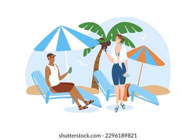 Travel blue concept with people scene in the flat cartoon design. Two friends decided go to rest by the sea. Vector illustration.