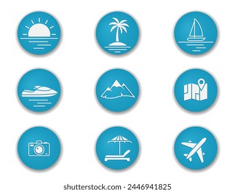 conjunto de iconos redondos azul de viaje. ilustraciones de color de Vector para diseño turístico y de vacaciones