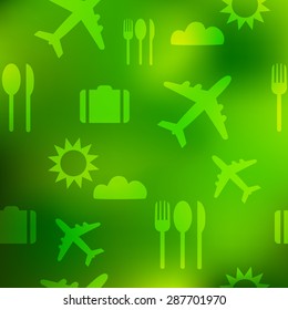 Travel blurred background. Vector pattern with airplane, luggage, sun, food.
