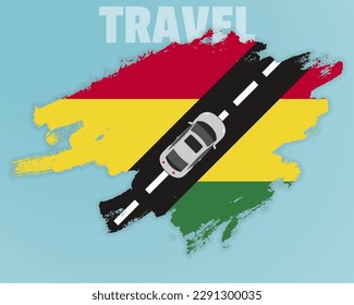 Travel to Bolivia by car, going holiday idea, vacation and travel banner concept, car on the road with Bolivia flag, international car travel, automobile going on a way, top view