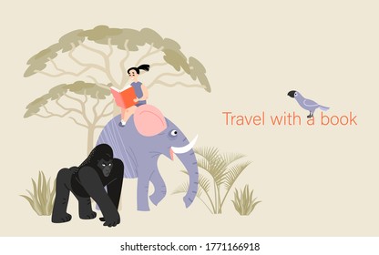 Travel with a book concept. Symbolic illustration on the topic of the benefits of reading with a little girl sitting on an elephant surrounded by the jungle. Introducing children to nature. 