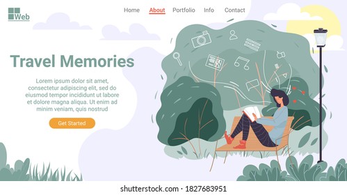 Travel book for good memory. Young woman sitting on bench in urban park turning picture album page. Digital cloud application storage for photo, video service avoid lost. Landing page design template
