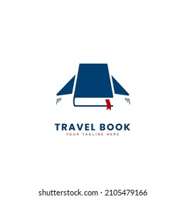 Travel book logo with fly book icon as plane with wing, traveling book note logo