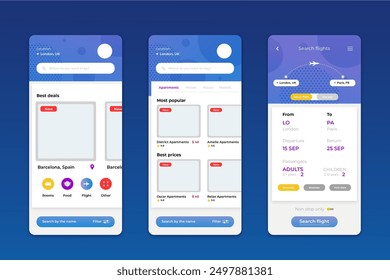 Travel booking app screens vector design in eps 10