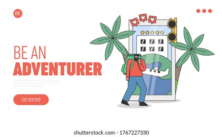 Travel booking application landing page with traveler man standing over reservation app interface. Mobile app for buying transport tickets online. Cartoon flat vector illustration