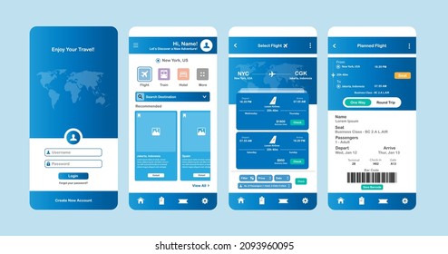 Travel booking application page design layout. Graphical user interface for responsive mobile application. Web design kit