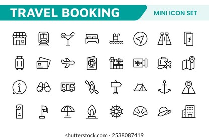 Travel Booking Icon Set. Stylish and user-friendly icons for enhancing travel apps, websites, and services, perfect for streamlining flight searches, hotel bookings, and adventure planning.