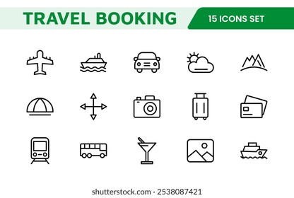 Travel Booking Icon Set. Stylish and user-friendly icons for enhancing travel apps, websites, and services, perfect for streamlining flight searches, hotel bookings, and adventure planning.
