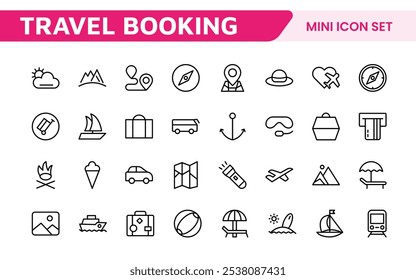 Travel Booking Icon Set. Stylish and user-friendly icons for enhancing travel apps, websites, and services, perfect for streamlining flight searches, hotel bookings, and adventure planning.