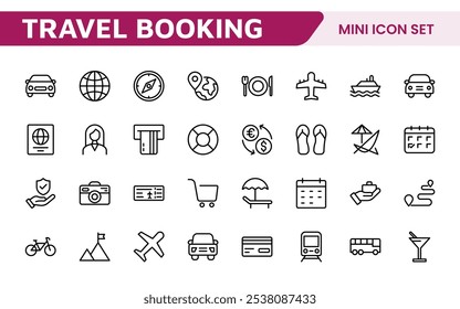 Travel Booking Icon Set. Stylish and user-friendly icons for enhancing travel apps, websites, and services, perfect for streamlining flight searches, hotel bookings, and adventure planning.