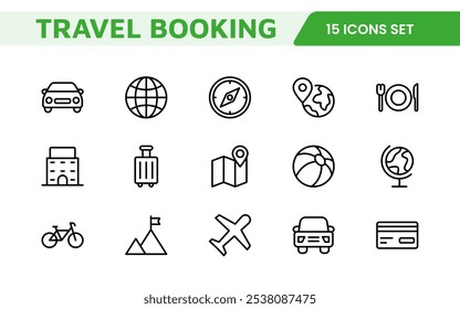 Conjunto de iconos de reserva de viaje. Iconos elegantes y fáciles de usar para mejorar los App de viajes, los Sitios web y los servicios, perfectos para optimizar las búsquedas de vuelos, las reservas de hoteles y la planificación de aventuras.