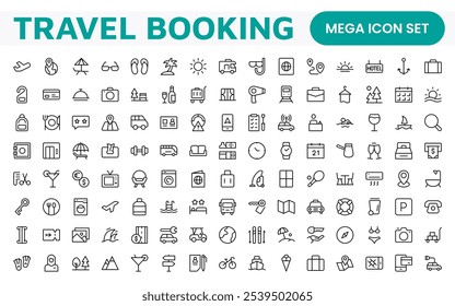 Travel Booking Icon Set. Stylish and user-friendly icons for enhancing travel apps, websites, and services, perfect for streamlining flight searches, hotel bookings, and adventure planning.