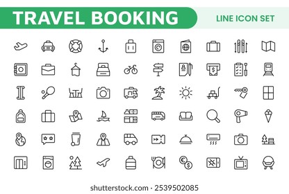 Conjunto de iconos de reserva de viaje. Iconos elegantes y fáciles de usar para mejorar los App de viajes, los Sitios web y los servicios, perfectos para optimizar las búsquedas de vuelos, las reservas de hoteles y la planificación de aventuras.