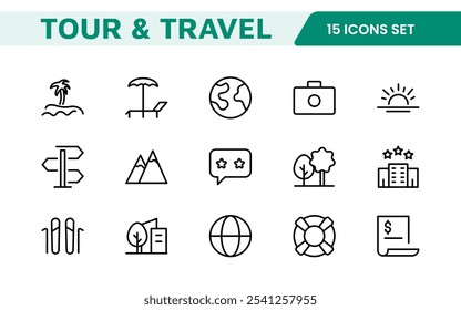 Conjunto de Ícones de Reserva de Viagem. Ícones elegantes e de fácil utilização para melhorar aplicações de viagem, sítios Web e serviços, perfeitos para otimizar as pesquisas de voos, reservas de hotéis e planeamento de aventuras.