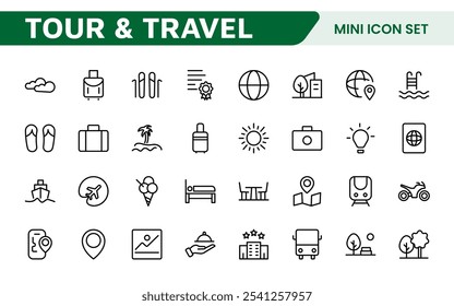 Travel Booking Icon Set. Stylish and user-friendly icons for enhancing travel apps, websites, and services, perfect for streamlining flight searches, hotel bookings, and adventure planning.