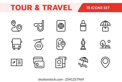 Travel Booking Icon Set. Stylish and user-friendly icons for enhancing travel apps, websites, and services, perfect for streamlining flight searches, hotel bookings, and adventure planning.