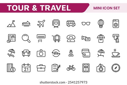 Conjunto de Ícones de Reserva de Viagem. Ícones elegantes e de fácil utilização para melhorar aplicações de viagem, sítios Web e serviços, perfeitos para otimizar as pesquisas de voos, reservas de hotéis e planeamento de aventuras.