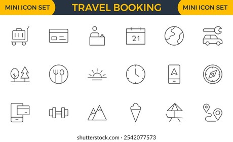 Conjunto de iconos de reserva de viaje. Iconos elegantes y fáciles de usar para mejorar los App de viajes, los Sitios web y los servicios, perfectos para optimizar las búsquedas de vuelos, las reservas de hoteles y la planificación de aventuras.
