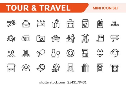 Travel Booking Icon Set. Stylish and user-friendly icons for enhancing travel apps, websites, and services, perfect for streamlining flight searches, hotel bookings, and adventure planning.