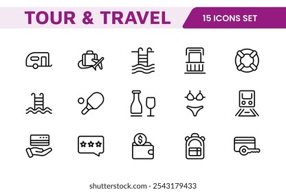 Travel Booking Icon Set. Stylish and user-friendly icons for enhancing travel apps, websites, and services, perfect for streamlining flight searches, hotel bookings, and adventure planning.
