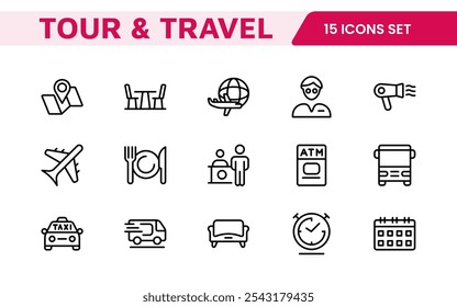 Travel Booking Icon Set. Stylish and user-friendly icons for enhancing travel apps, websites, and services, perfect for streamlining flight searches, hotel bookings, and adventure planning.