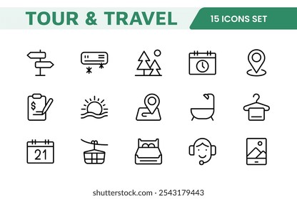 Travel Booking Icon Set. Stylish and user-friendly icons for enhancing travel apps, websites, and services, perfect for streamlining flight searches, hotel bookings, and adventure planning.