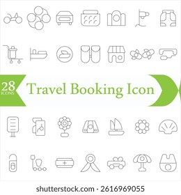  Travel Booking Icon Set. Stylish and user-friendly icons for enhancing travel apps, websites, and services, perfect for streamlining flight searches, hotel bookings,