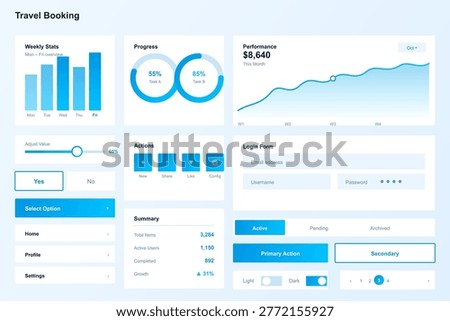 Travel booking interface with analytics and summary on a light blue background for online reservations