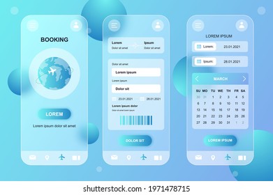 Travel booking neumorphic elements kit for mobile app. Airplane ticket buying, reservation, trip dates calendar. UI, UX, GUI screens set. Vector illustration of templates in glassmorphic design