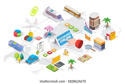 Travel booking services isometric flowchart. Hand, smartphone, traveling symbols, vector illustration. Ship, train, bus, flight tickets, hotel and accommodation booking online.