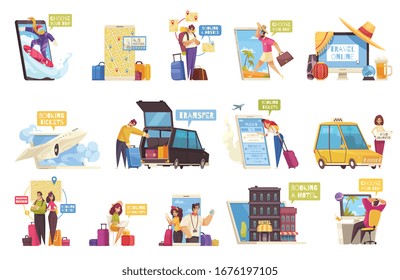 Travel booking set flat vector illustration