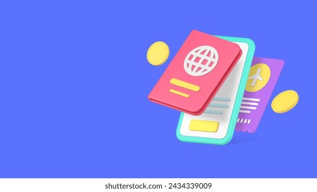 Travel booking smartphone application touristic service banner copy space 3d icon realistic vector illustration. Tour tourism smart reservation ticket checkout passport account mobile phone app