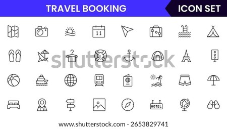 Travel Booking vector web line icon collection, sleek illustrations of tickets, maps, luggage, planes for seamless, adventurous designs.