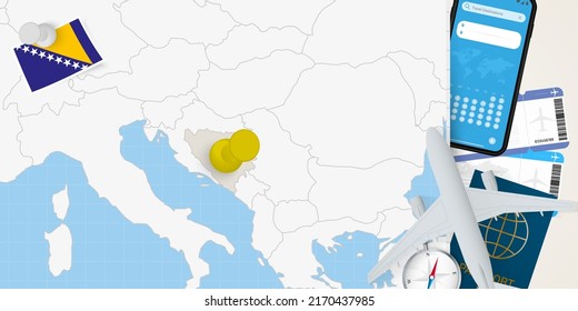 Viaje al concepto de Bosnia y Herzegovina, mapa con pin en el mapa de Bosnia y Herzegovina. Mapa de preparación de vacaciones, bandera, pasaporte y boletos. Ilustración vectorial en diseño plano.