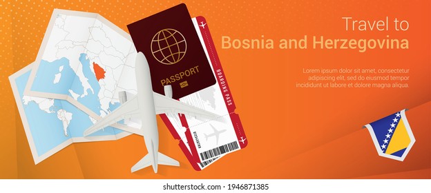 Travel to Bosnia and Herzegovina pop-under banner. Trip banner with passport, tickets, airplane, boarding pass, map and flag of Bosnia and Herzegovina. Vector template.